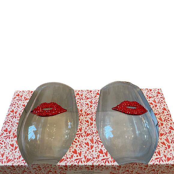 Valentines Jeweled Rhinestone Red Lips Stemless Wine Glasses Set of 2 New - Picture 6 of 15